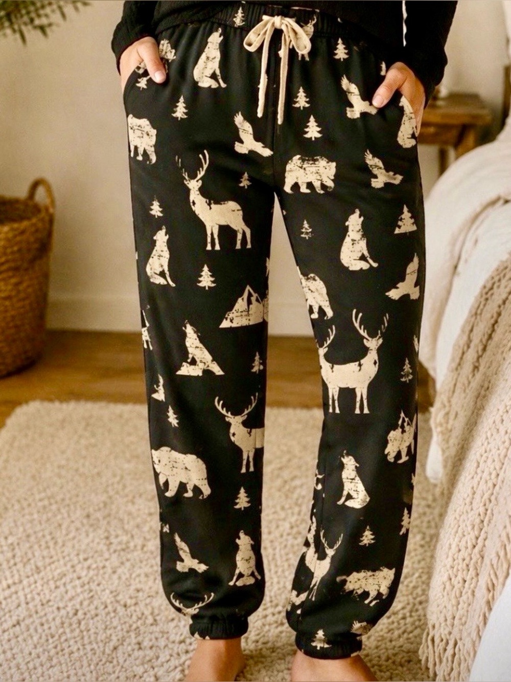 Womens Black Woodland Animal Bamboo Joggers